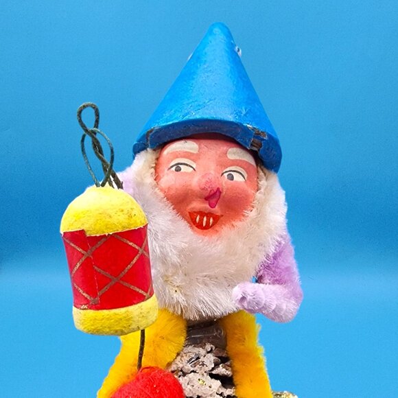 Vintage 1950s Putz Gnome Lantern Ornament Japan Elf Blue Hat Chenille Holiday - Picture 4 of 10
